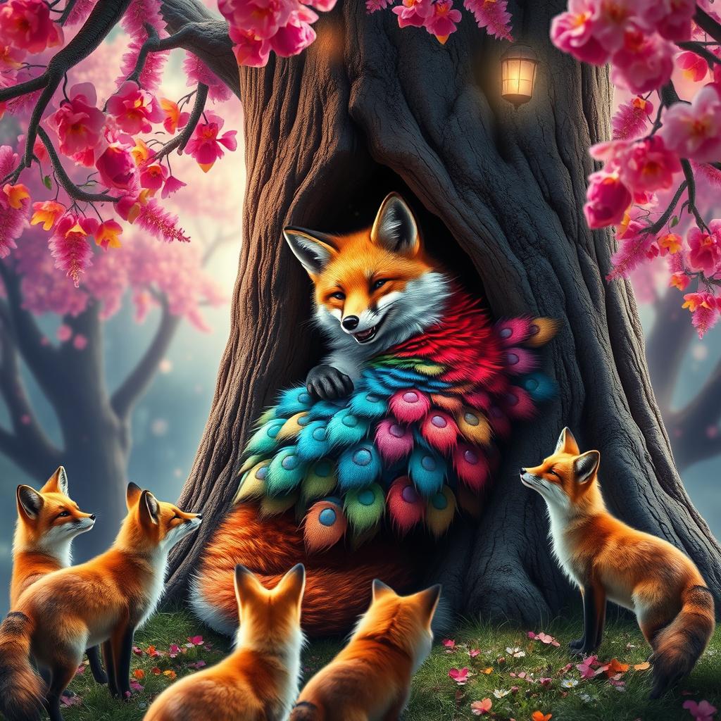 A captivating scene of a fox entering a colorful tree, surrounded by an explosion of vibrant colors