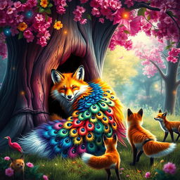 A captivating scene of a fox entering a colorful tree, surrounded by an explosion of vibrant colors