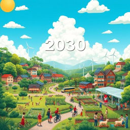 A vibrant and colorful landscape illustration depicting a utopian vision of life in 2030, showcasing the achievement of all 17 Sustainable Development Goals