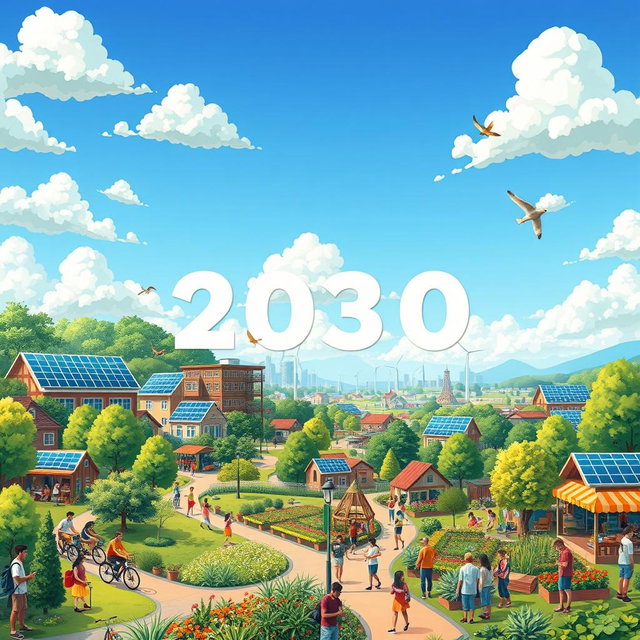 A vibrant and colorful landscape illustration depicting a utopian vision of life in 2030, showcasing the achievement of all 17 Sustainable Development Goals
