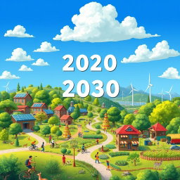 A vibrant and colorful landscape illustration depicting a utopian vision of life in 2030, showcasing the achievement of all 17 Sustainable Development Goals
