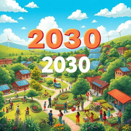 A vibrant and colorful landscape illustration depicting a utopian vision of life in 2030, showcasing the achievement of all 17 Sustainable Development Goals