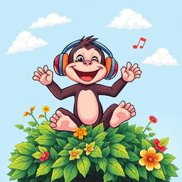 A vibrant and playful drawing of a cheerful monkey sitting atop a lush green tree, joyfully listening to music through oversized headphones