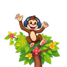 A vibrant and playful drawing of a cheerful monkey sitting atop a lush green tree, joyfully listening to music through oversized headphones