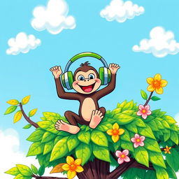 A vibrant and playful drawing of a cheerful monkey sitting atop a lush green tree, joyfully listening to music through oversized headphones