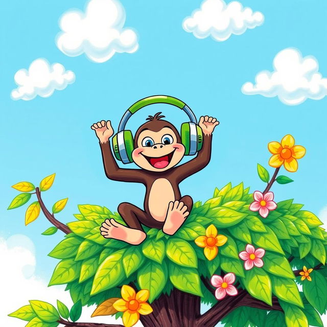 A vibrant and playful drawing of a cheerful monkey sitting atop a lush green tree, joyfully listening to music through oversized headphones