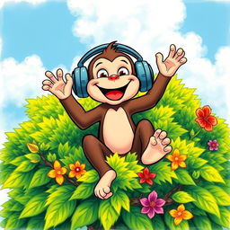 A vibrant and playful drawing of a cheerful monkey sitting atop a lush green tree, joyfully listening to music through oversized headphones