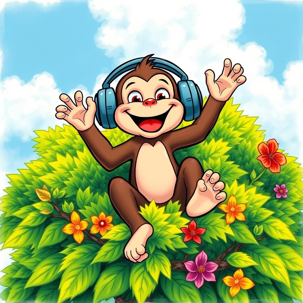 A vibrant and playful drawing of a cheerful monkey sitting atop a lush green tree, joyfully listening to music through oversized headphones