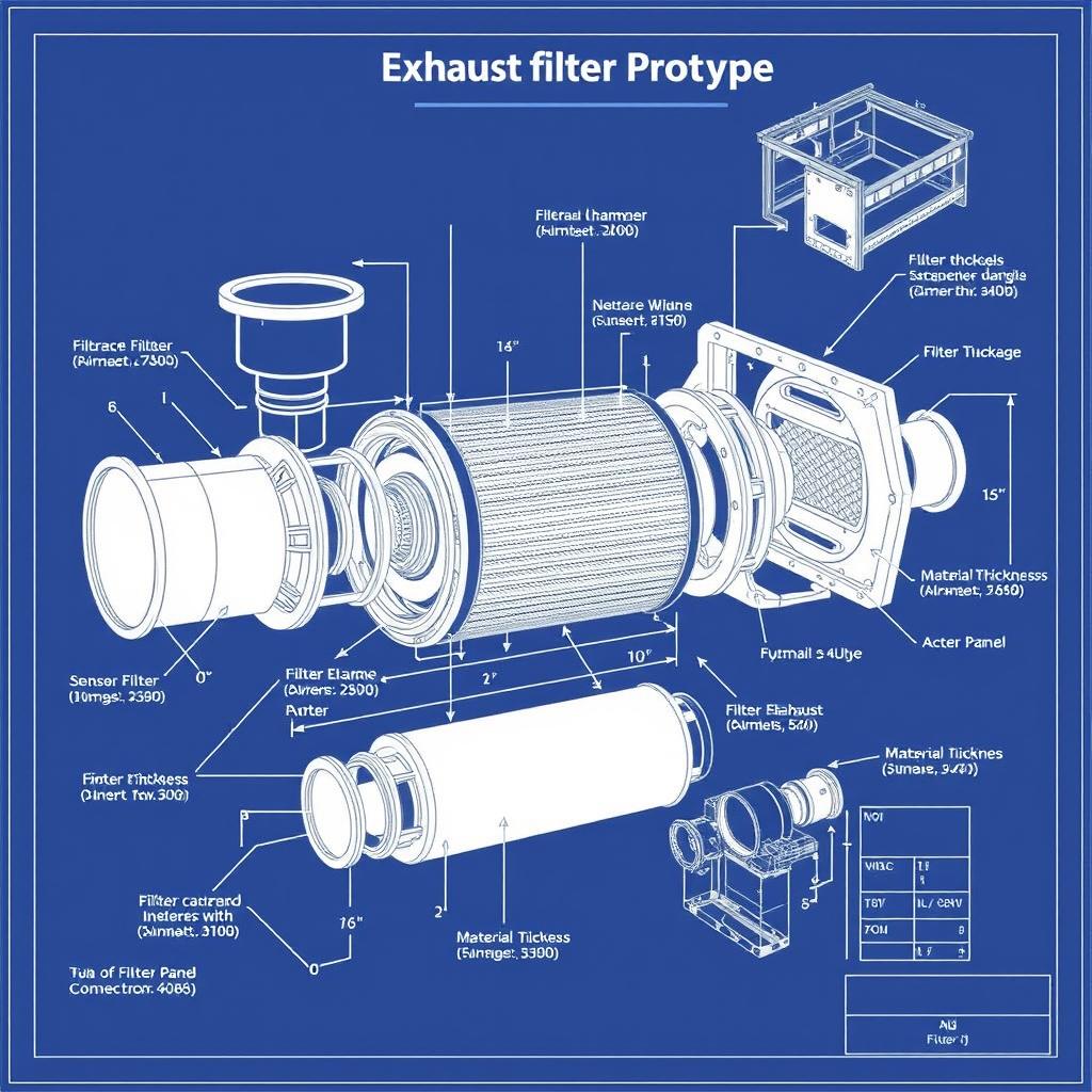 A detailed blueprint for an exhaust filter prototype, featuring multiple components such as a filtration chamber, inlet and outlet ducts, and a support frame