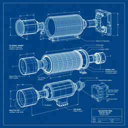 A detailed blueprint for an exhaust filter prototype, featuring multiple components such as a filtration chamber, inlet and outlet ducts, and a support frame