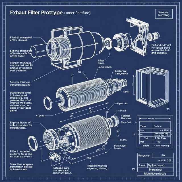 A detailed blueprint for an exhaust filter prototype, featuring multiple components such as a filtration chamber, inlet and outlet ducts, and a support frame