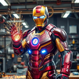 A powerful welderman depicted as a heroic figure inspired by Iron Man, showcasing high-tech welding gear and a luminous welding helmet
