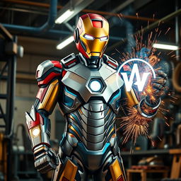 A powerful welderman depicted as a heroic figure inspired by Iron Man, showcasing high-tech welding gear and a luminous welding helmet