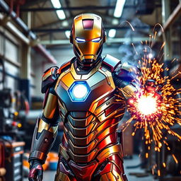A powerful welderman depicted as a heroic figure inspired by Iron Man, showcasing high-tech welding gear and a luminous welding helmet