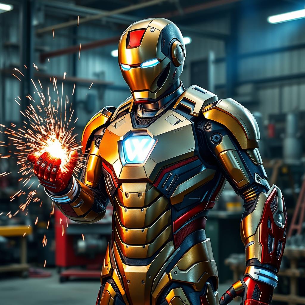 A powerful welderman depicted as a heroic figure inspired by Iron Man, showcasing high-tech welding gear and a luminous welding helmet
