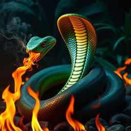An incredibly fierce and angry cobra, coiling in an aggressive pose, exhaling smoke and flames from its mouth