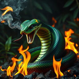 An incredibly fierce and angry cobra, coiling in an aggressive pose, exhaling smoke and flames from its mouth