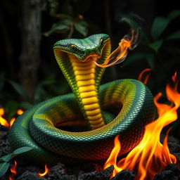 An incredibly fierce and angry cobra, coiling in an aggressive pose, exhaling smoke and flames from its mouth