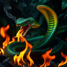 An incredibly fierce and angry cobra, coiling in an aggressive pose, exhaling smoke and flames from its mouth