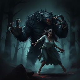 A dramatic scene depicting a monster attacking a woman in a dark, eerie environment