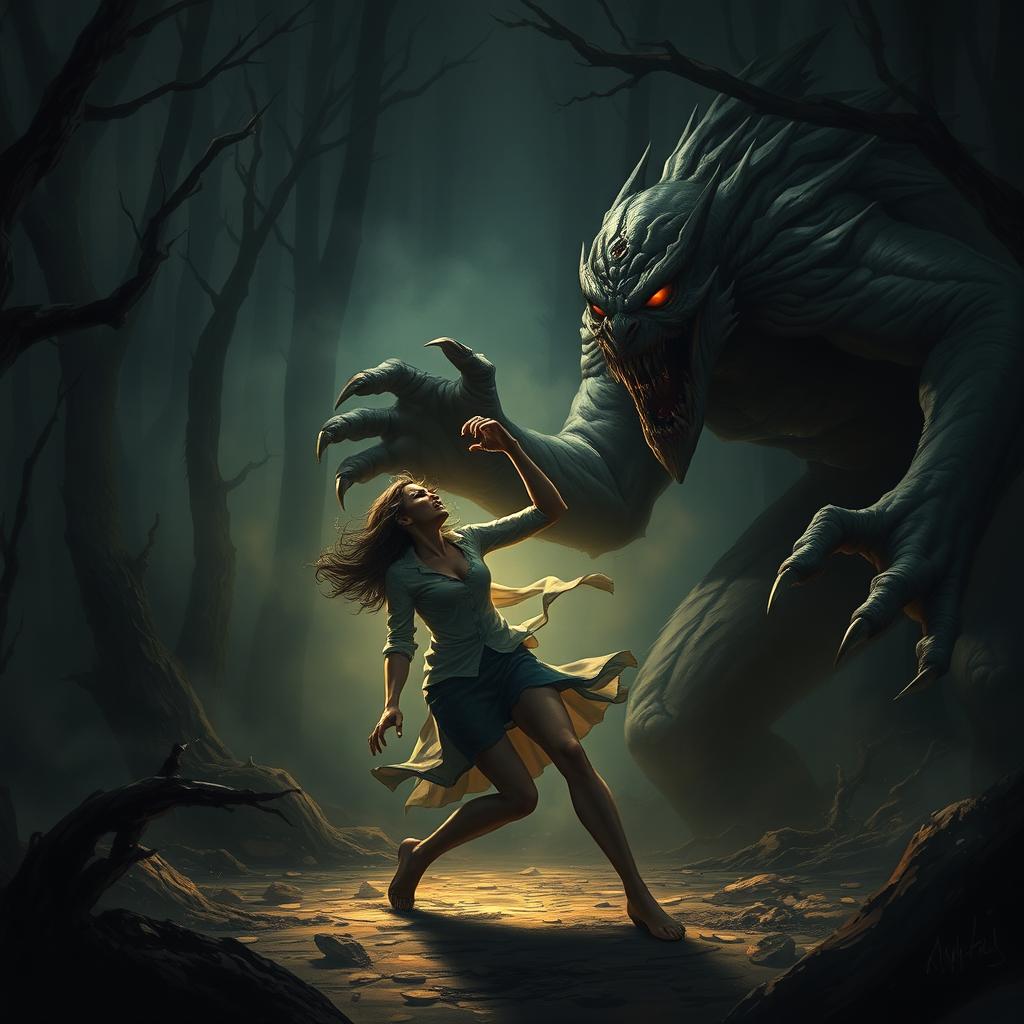 A dramatic scene depicting a monster attacking a woman in a dark, eerie environment
