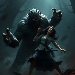 A dramatic scene depicting a monster attacking a woman in a dark, eerie environment
