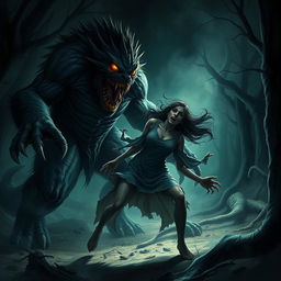 A dramatic scene depicting a monster attacking a woman in a dark, eerie environment
