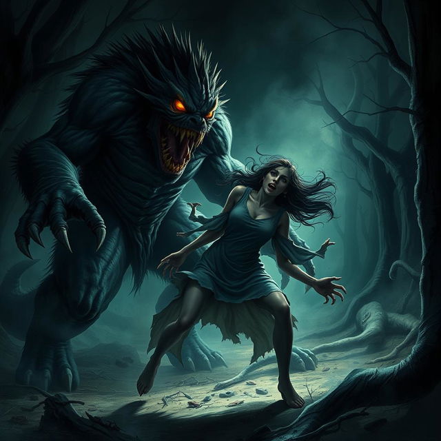 A dramatic scene depicting a monster attacking a woman in a dark, eerie environment