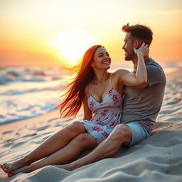 A romantic scene featuring a couple in love, sitting together on a beach during sunset