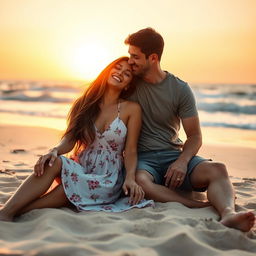 A romantic scene featuring a couple in love, sitting together on a beach during sunset