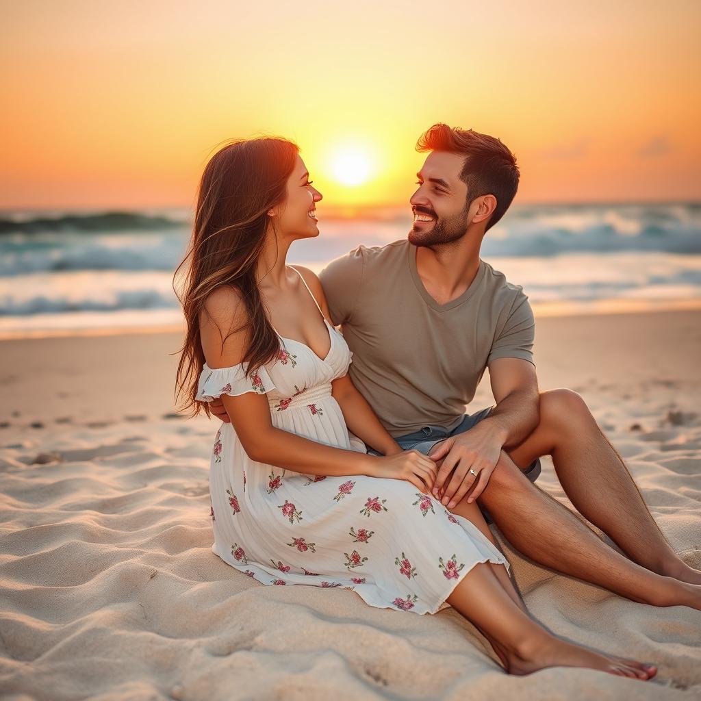 A romantic scene featuring a couple in love, sitting together on a beach during sunset