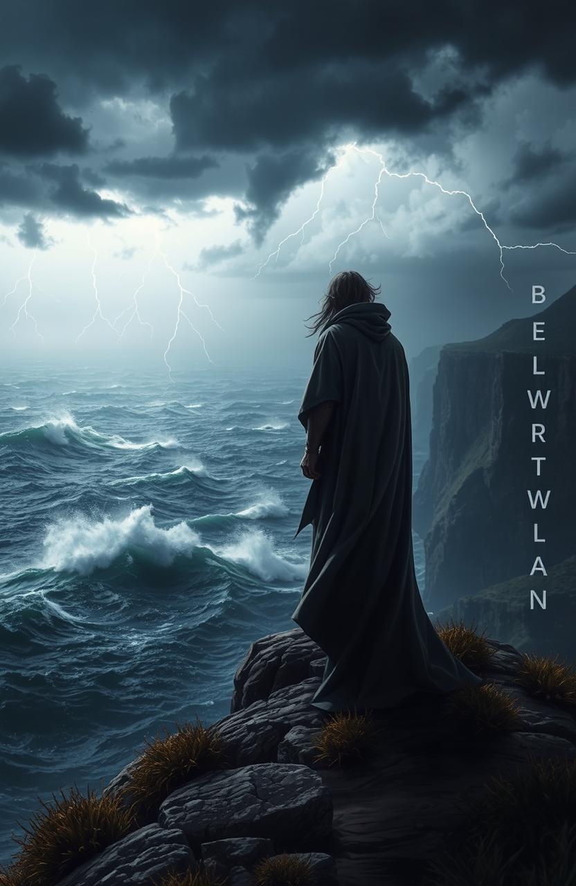 A dramatic scene depicting a lone figure standing at the edge of a cliff, gazing out at a stormy sea