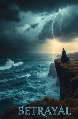 A dramatic scene depicting a lone figure standing at the edge of a cliff, gazing out at a stormy sea