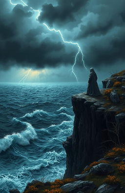 A dramatic scene depicting a lone figure standing at the edge of a cliff, gazing out at a stormy sea