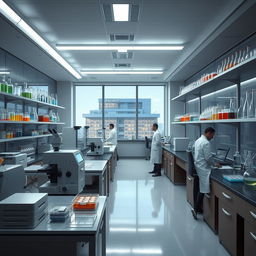 A highly detailed view of a modern laboratory filled with advanced scientific equipment