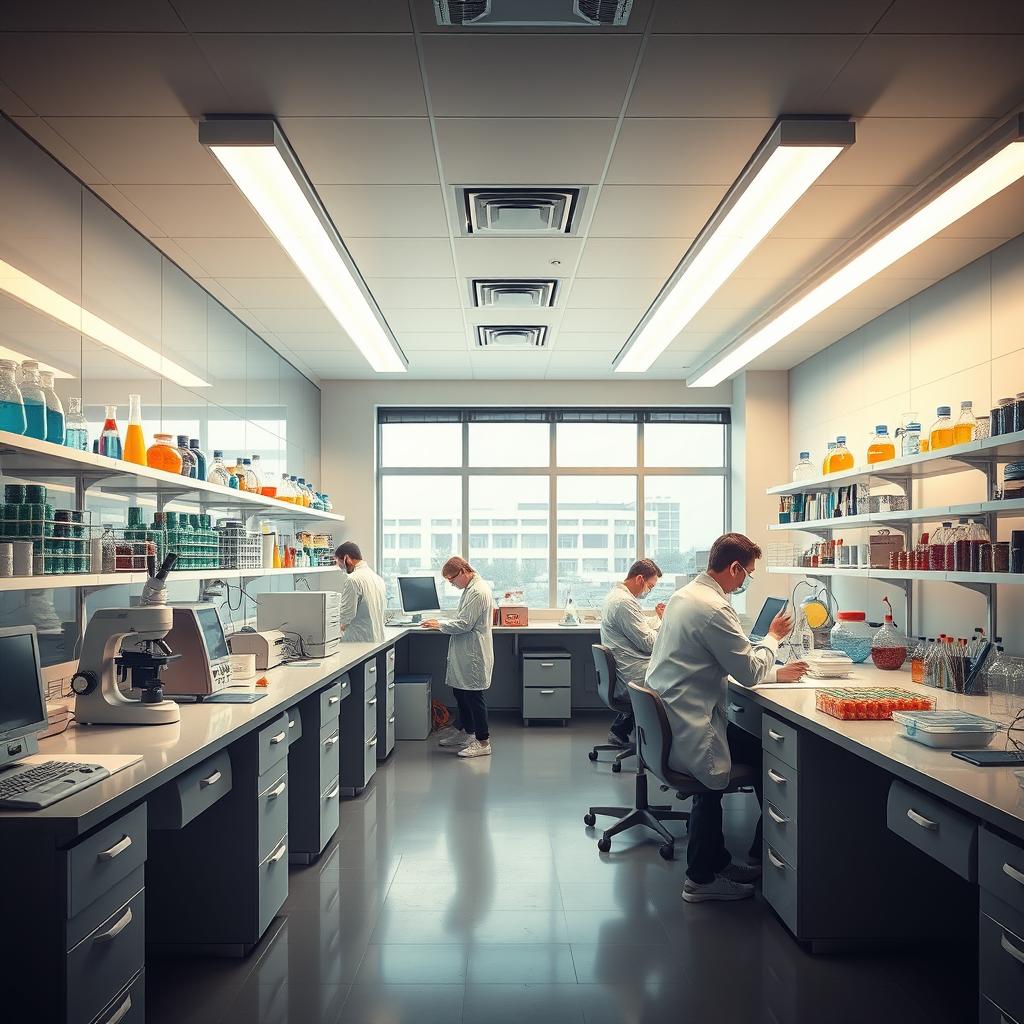 A highly detailed view of a modern laboratory filled with advanced scientific equipment