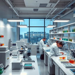 A highly detailed view of a modern laboratory filled with advanced scientific equipment