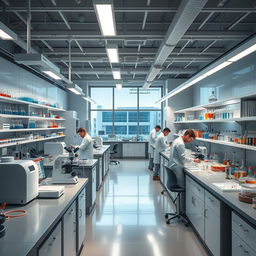 A highly detailed view of a modern laboratory filled with advanced scientific equipment