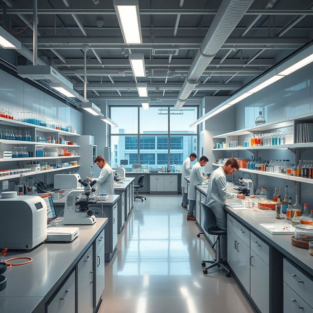 A highly detailed view of a modern laboratory filled with advanced scientific equipment