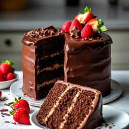 A beautifully decorated chocolate cake, featuring rich layers of dark chocolate frosting and a glossy ganache glaze on top