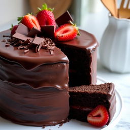A beautifully decorated chocolate cake, featuring rich layers of dark chocolate frosting and a glossy ganache glaze on top