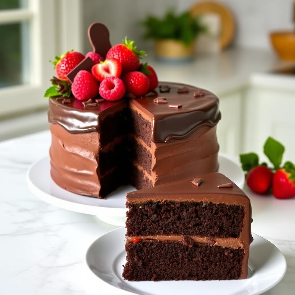 A beautifully decorated chocolate cake, featuring rich layers of dark chocolate frosting and a glossy ganache glaze on top