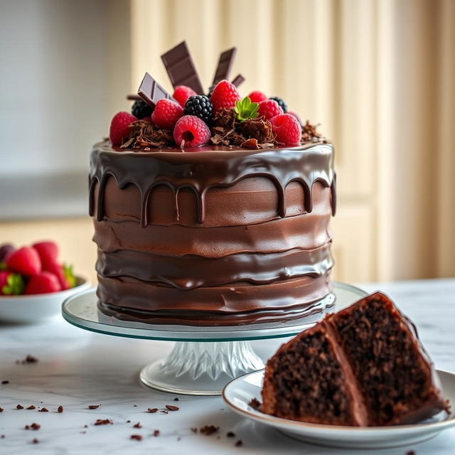 A beautifully decorated chocolate cake, featuring rich layers of dark chocolate frosting and a glossy ganache glaze on top