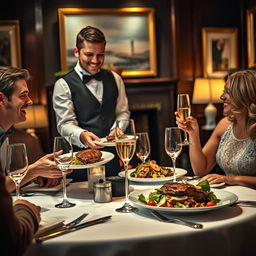 A stylish and elegant food and beverage service scene set in a luxurious restaurant