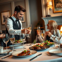 A stylish and elegant food and beverage service scene set in a luxurious restaurant