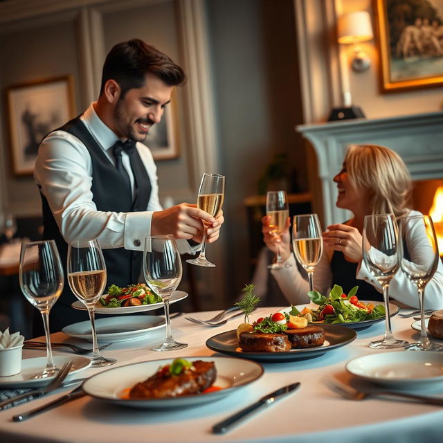 A stylish and elegant food and beverage service scene set in a luxurious restaurant