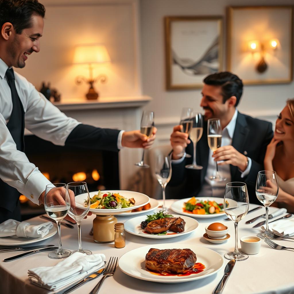 A stylish and elegant food and beverage service scene set in a luxurious restaurant