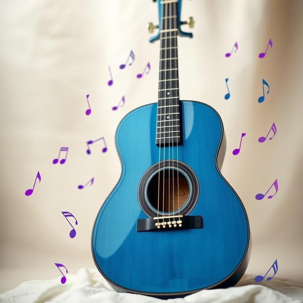 A beautiful blue classical guitar surrounded by musical notes representing songs from the band Star Kids