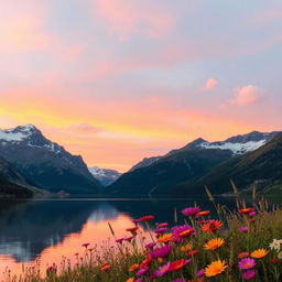 A serene landscape of a calm lake surrounded by majestic mountains at sunset, the sky ablaze with warm orange and pink hues reflecting on the water's surface