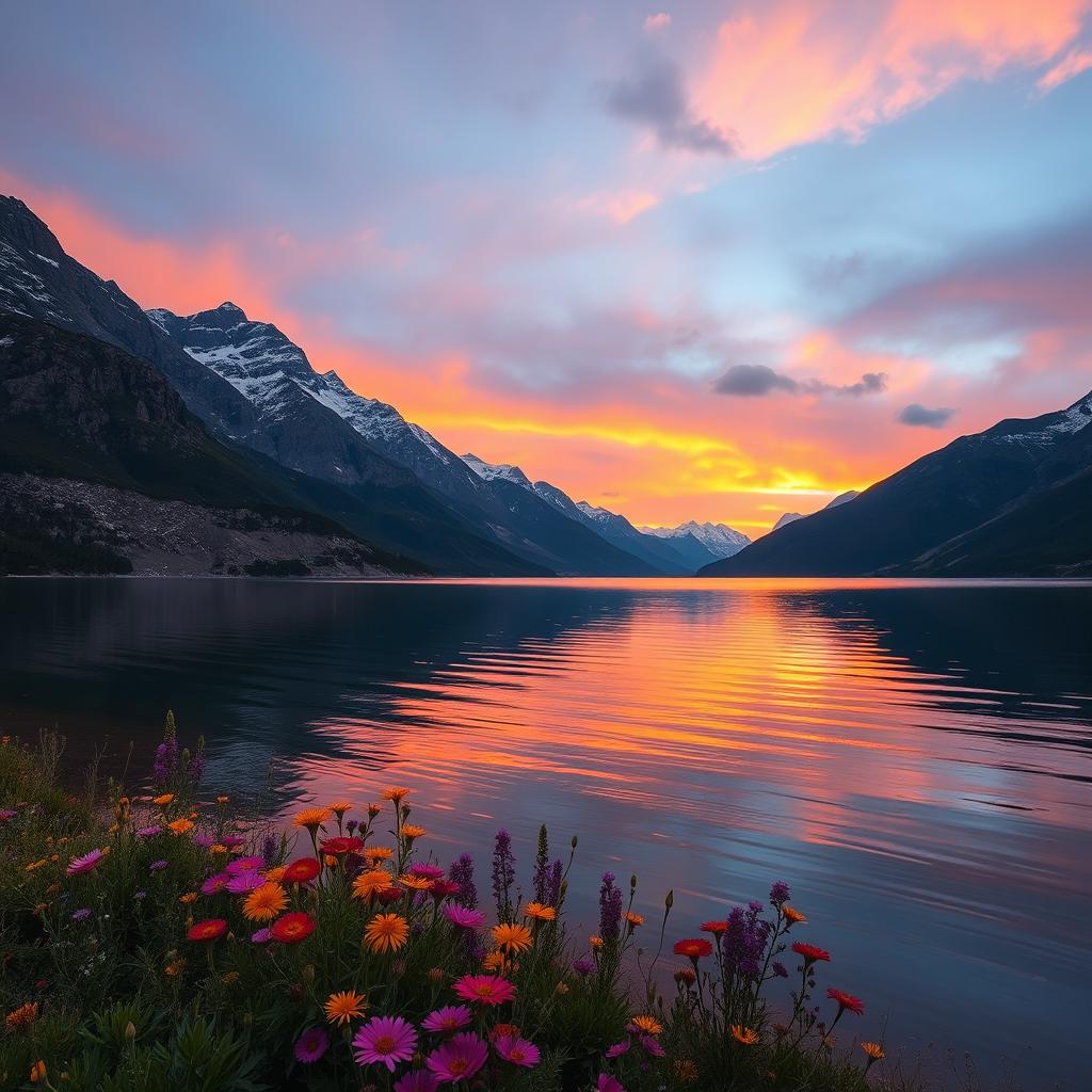 A serene landscape of a calm lake surrounded by majestic mountains at sunset, the sky ablaze with warm orange and pink hues reflecting on the water's surface